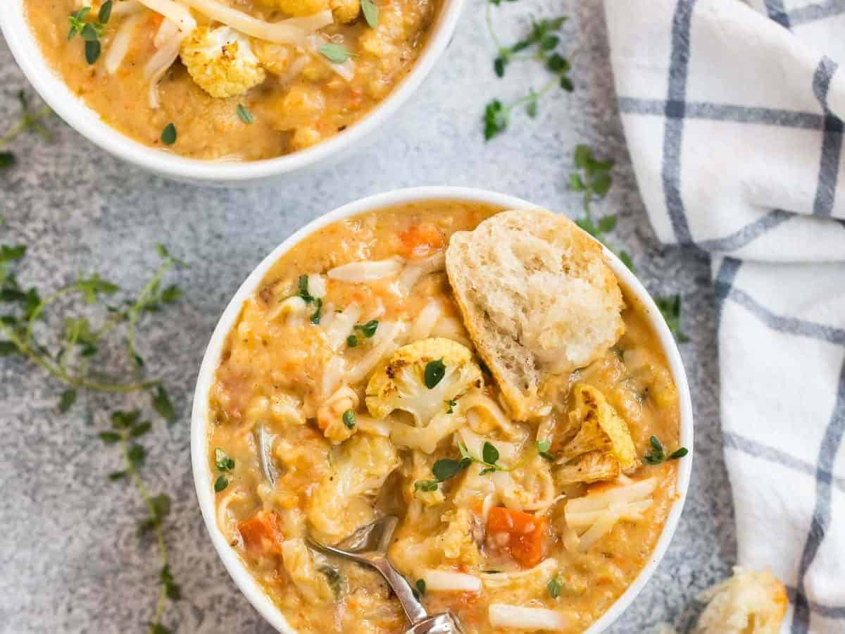 Two bowls of cauliflower chowder