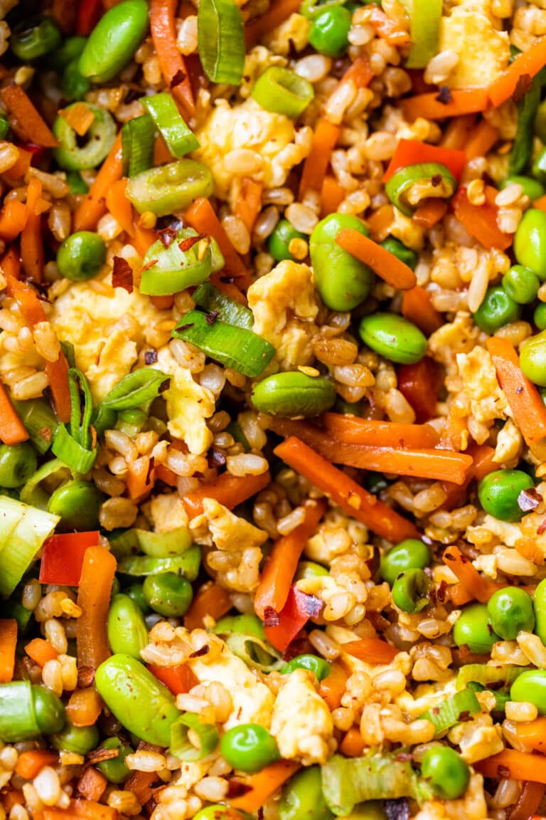 a close of up Chinese egg fried rice with vegetables