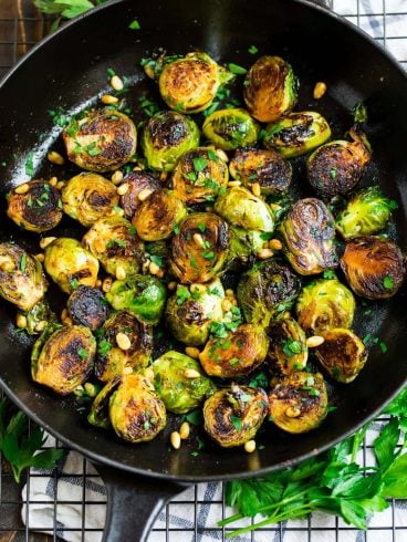 A pan of sautéed brussels sprouts with balsamic