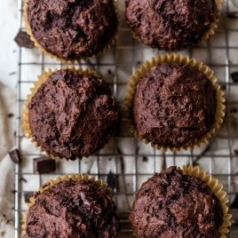chocolate muffins without butter topped with chocolate chunks