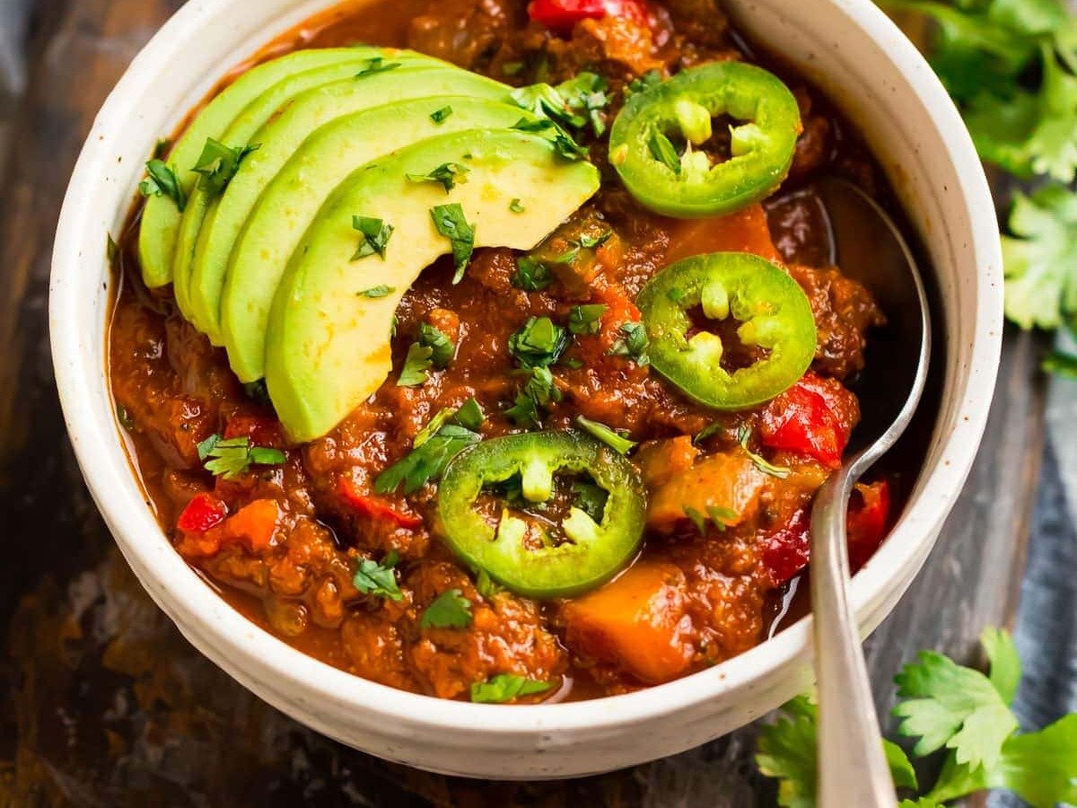 A white bowl with Whole30 chili