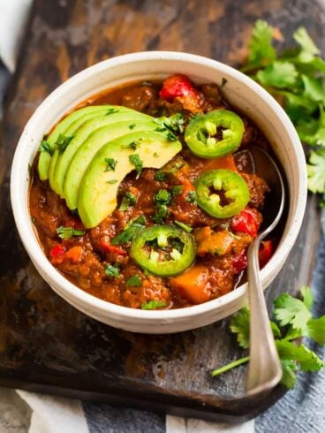 A white bowl with Whole30 chili