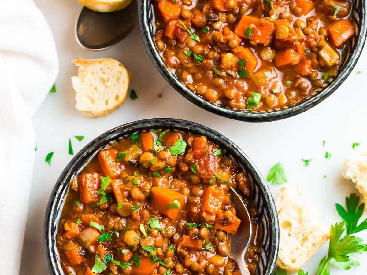 Two bowls of healthy lentil soup