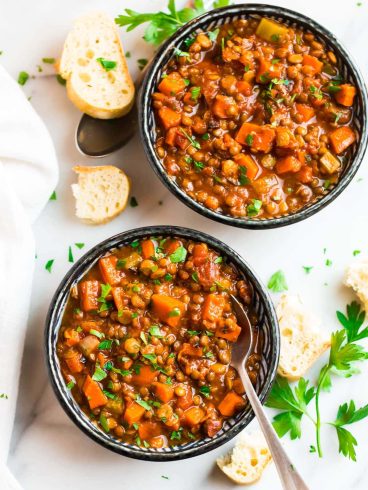 Two bowls of healthy lentil soup