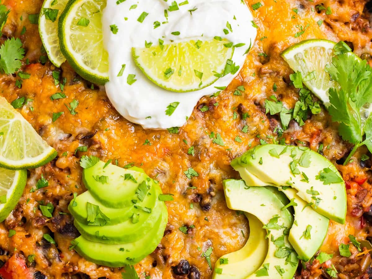 Cheesy beef taco skillet in a cast iron pan