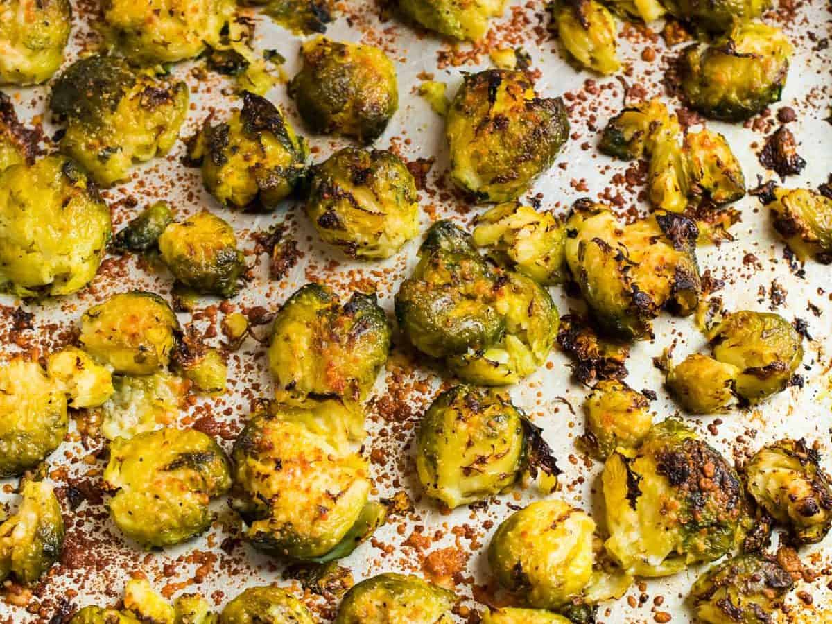 Crispy smashed Brussels sprouts on a baking sheet