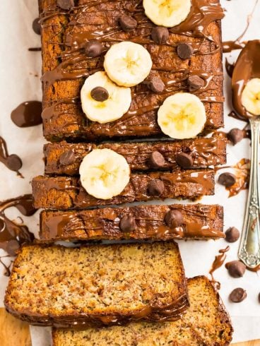A loaf of almond flour banana bread with chocolate chips