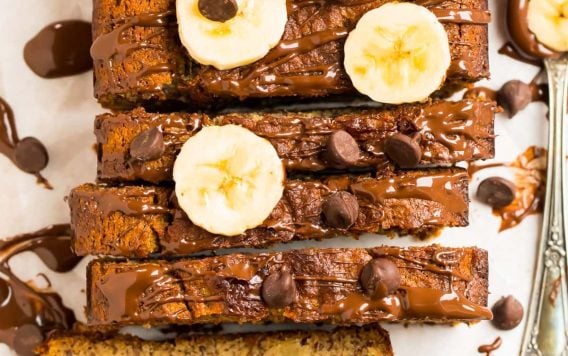A loaf of almond flour banana bread with chocolate chips