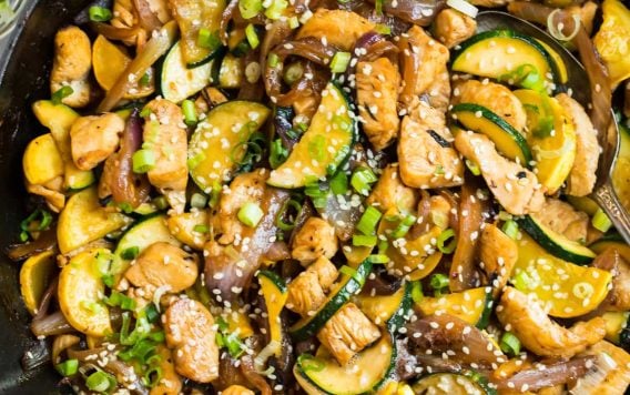 Easy zucchini chicken stir fry in a skillet