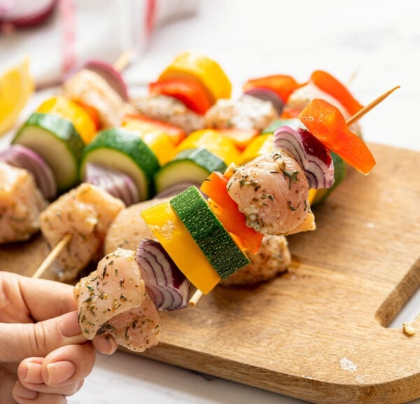 Chicken and vegetables on a skewer