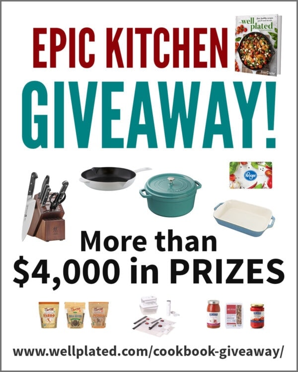 Epic Kitchen Giveaway Photo Collage featuring cast iron cookware, knives, and pantry items