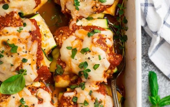 Healthy zucchini ravioli in a baking dish