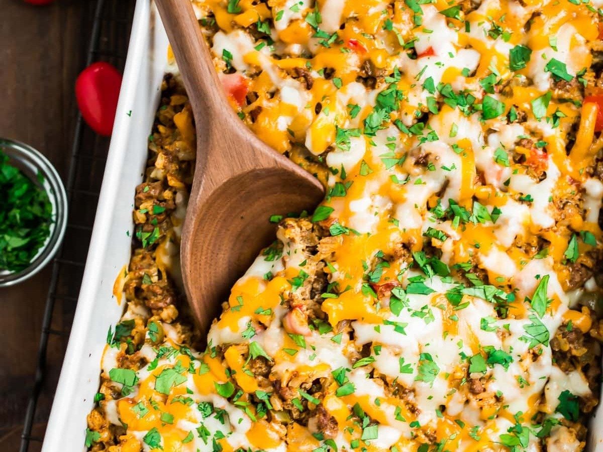 Cheesy Mexican casserole in a baking dish