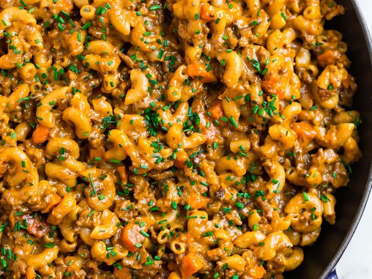 Homemade hamburger helper in a skillet