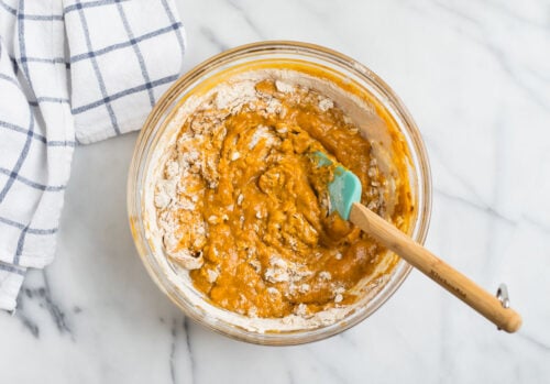 Muffin batter in a mixing bowl