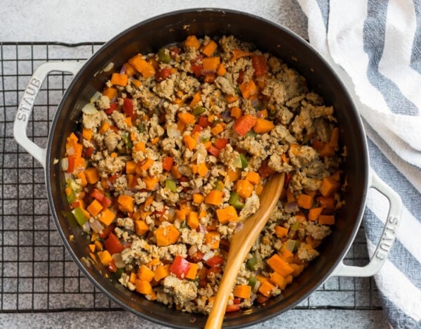 Ground turkey and vegetables in a Dutch oven