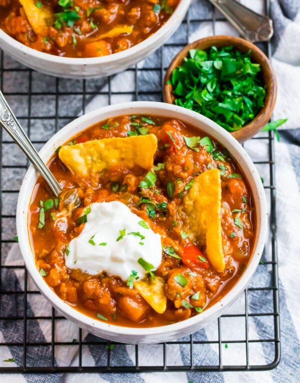 Pumpkin chili in a bowl with chips