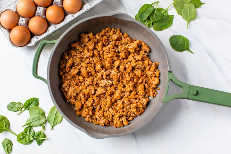 Crumbled sausage in a skillet