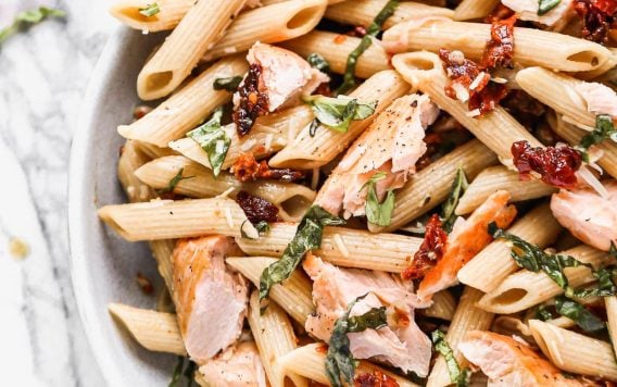 Creamy salmon pasta in a bowl