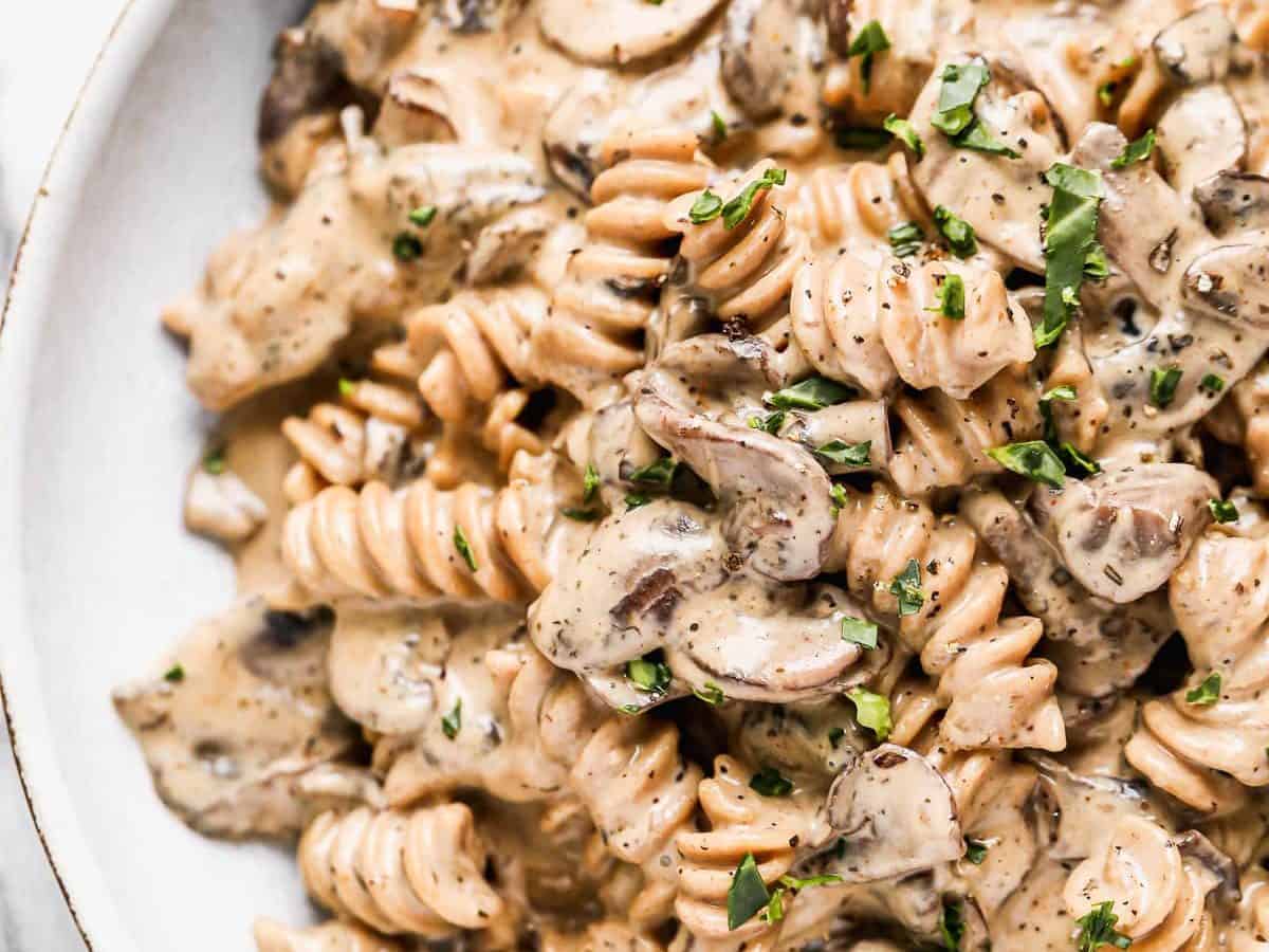 A bowl of vegan mushroom stroganoff