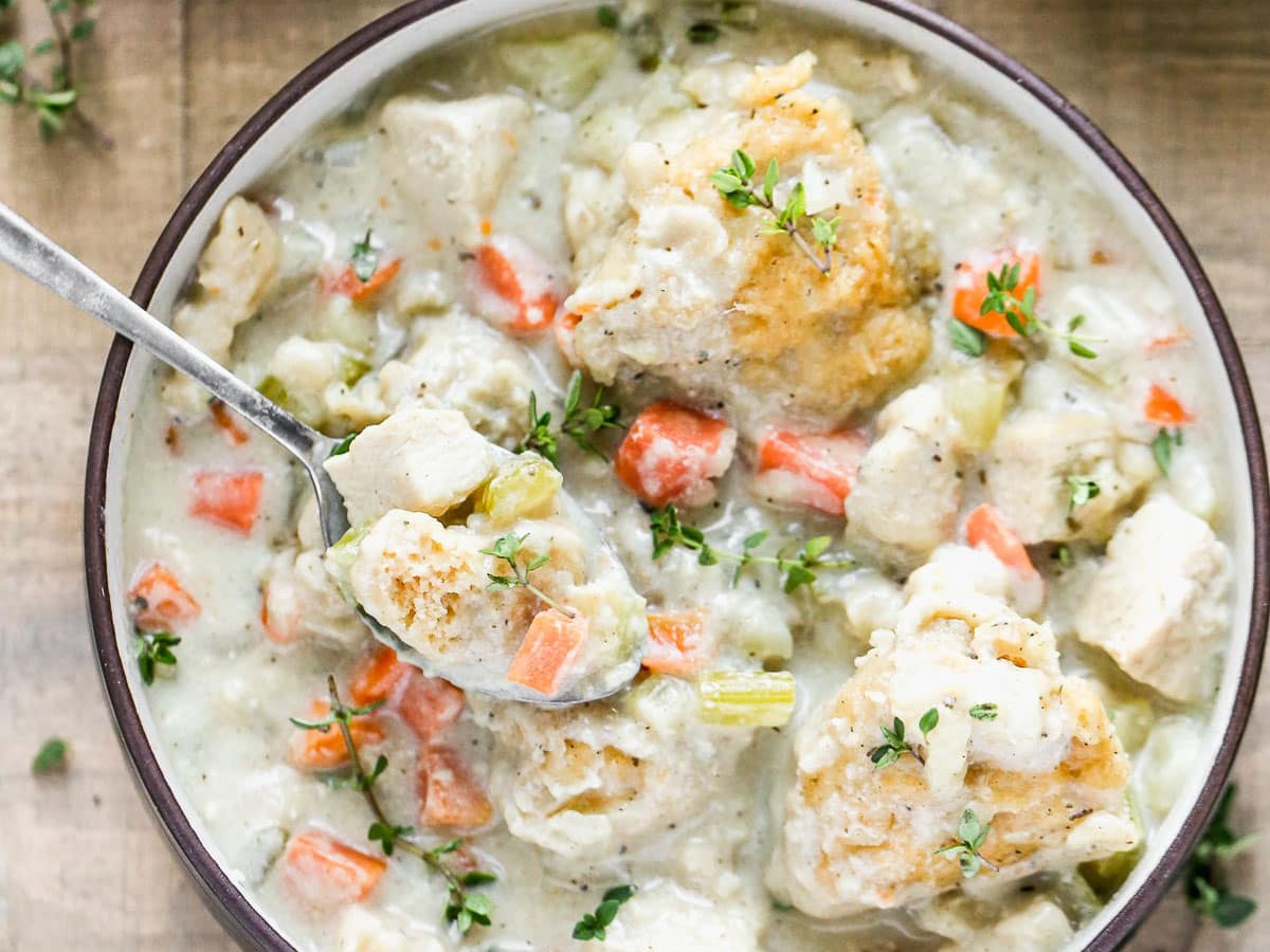A bowl of crockpot chicken and dumplings