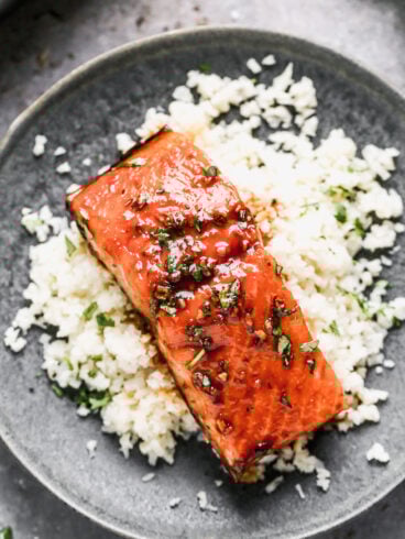 Easy honey glazed salmon and rice on a plate