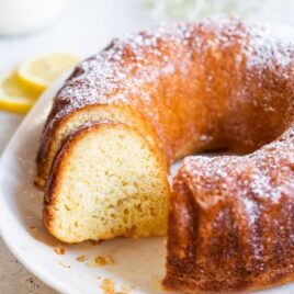 buttermilk cake on white plate.