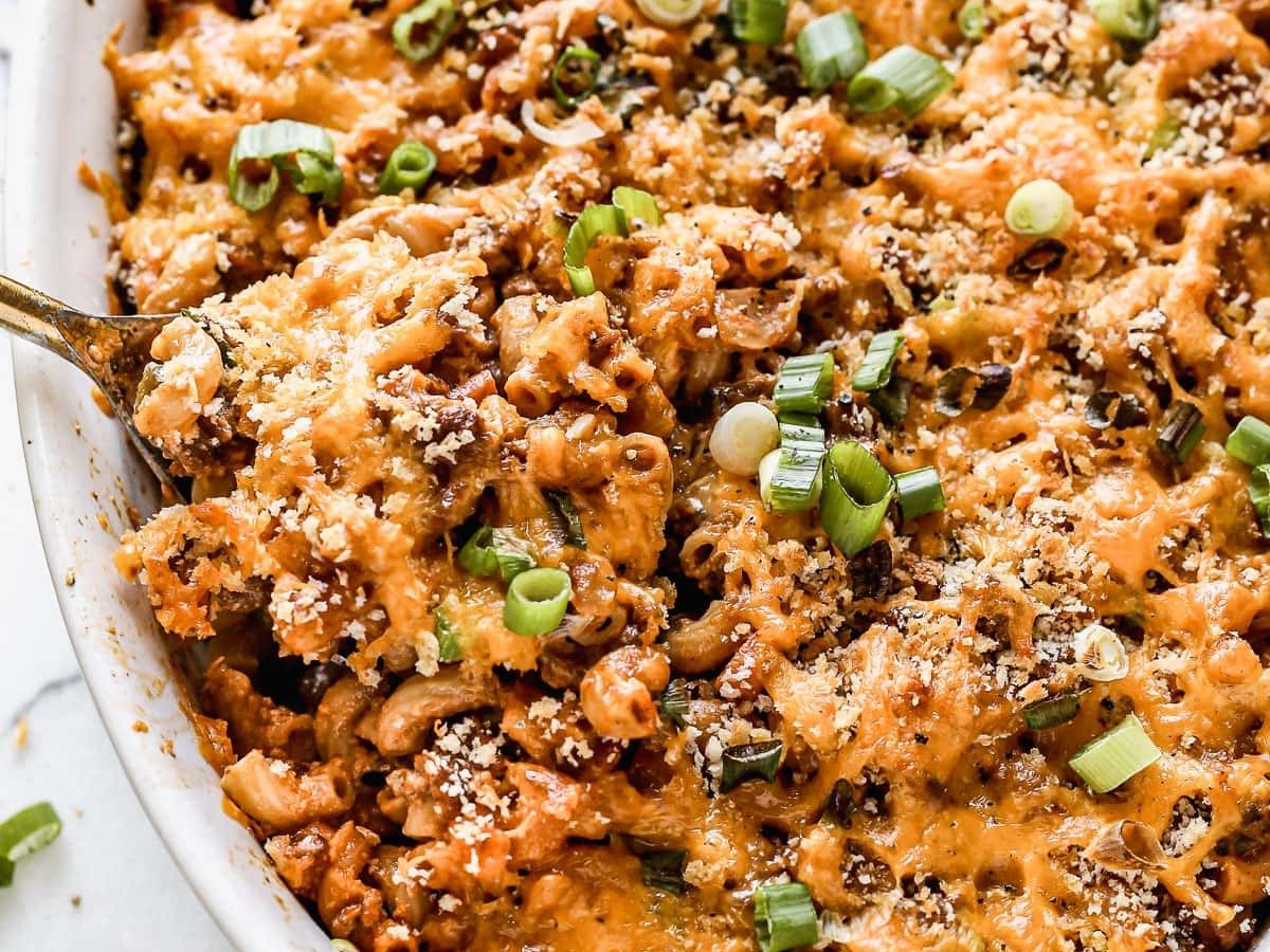 Cheesy hamburger casserole in a baking dish