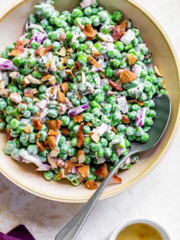 fresh pea salad with almonds and bacon