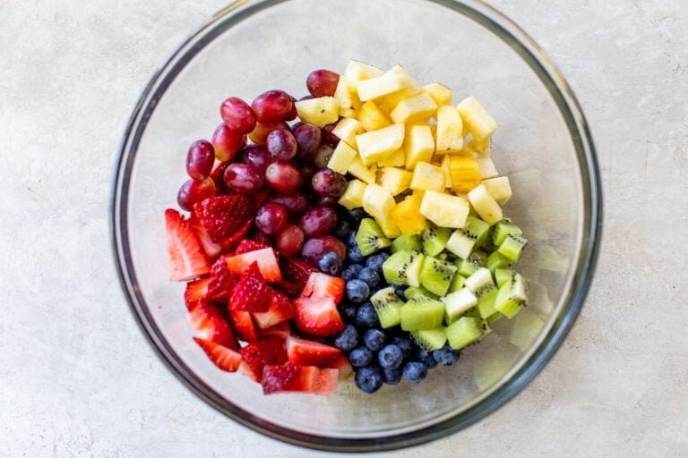 fruit salad with grapes, strawberries, pineapple, kiwi and blueberries