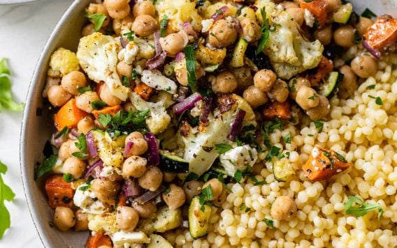 Couscous and roasted vegetable salad in a bowl