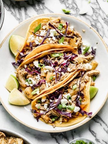 Jerk chicken tacos on a plate