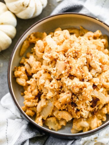 a bowl of creamy pumpkin mac and cheese