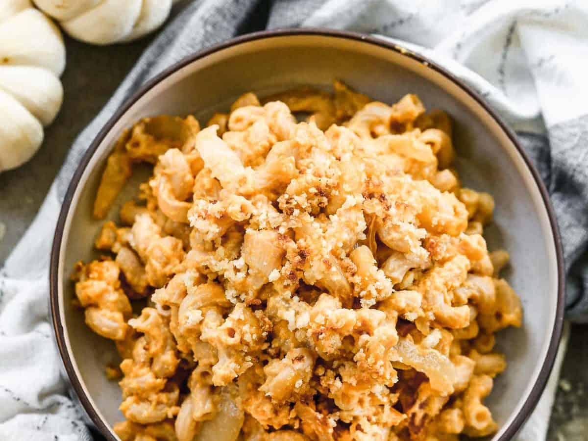 a bowl with the best pumpkin mac and cheese