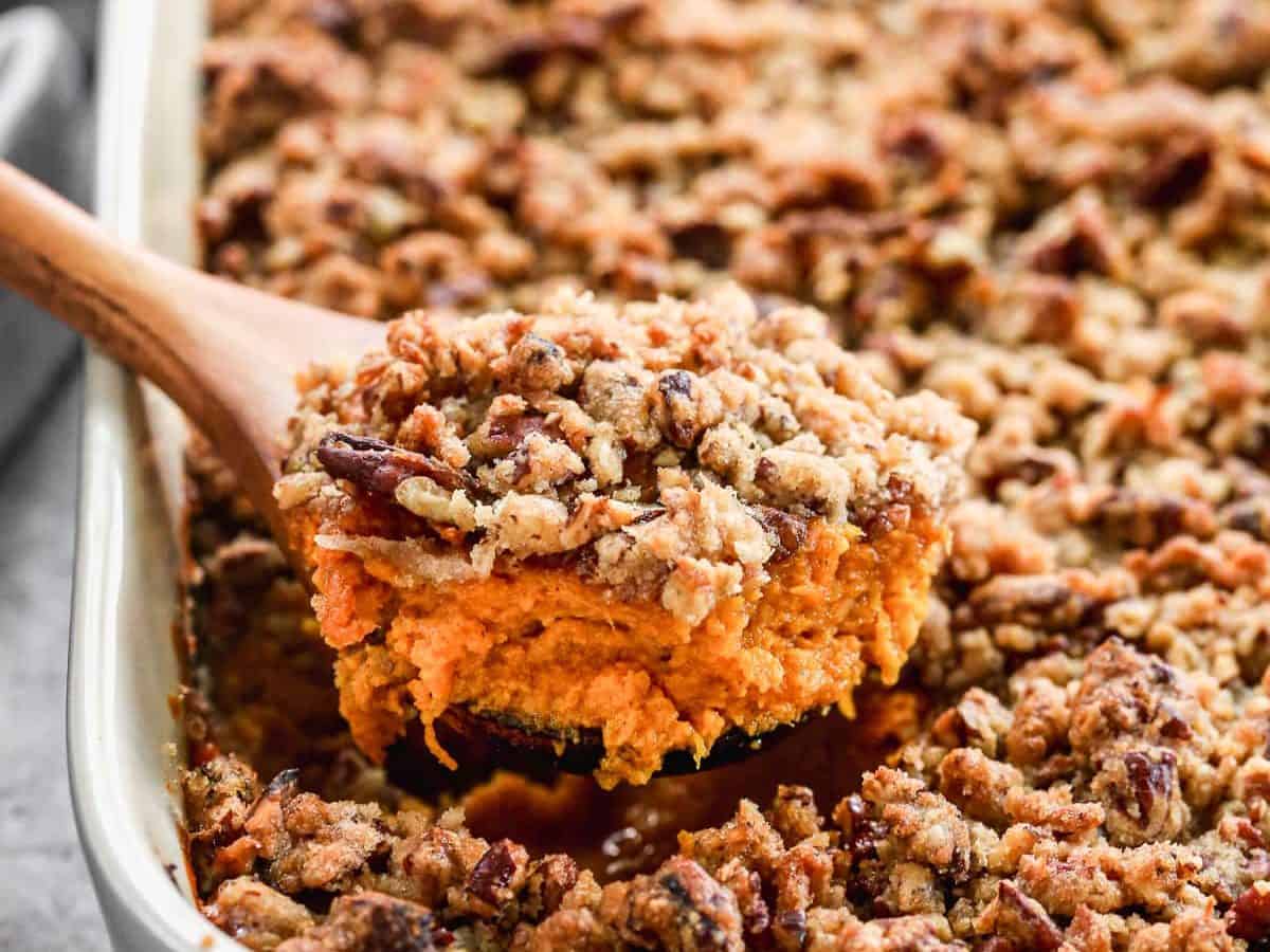 hearty sweet potato souffle in a baking dish