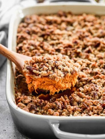 hearty sweet potato souffle in a baking dish