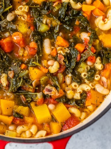 a close up of almost vegetarian minestrone soup in a red soup pot