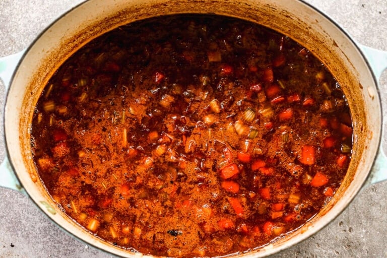 Sauce for red wine braised short ribs in a Dutch oven