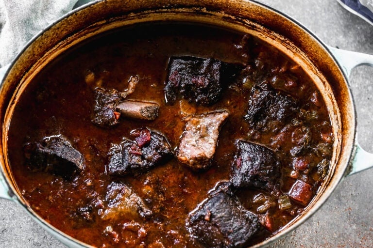 Red wine braised short ribs in a Dutch oven