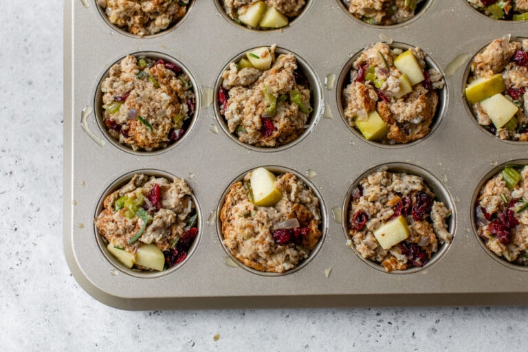 stuffing pressed into a muffin tin for stuffing muffins