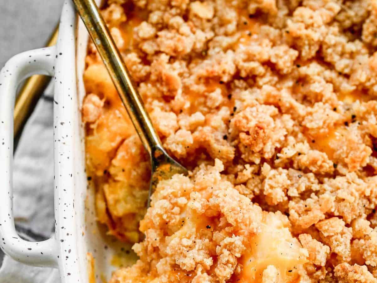 A baking dish with pineapple casserole
