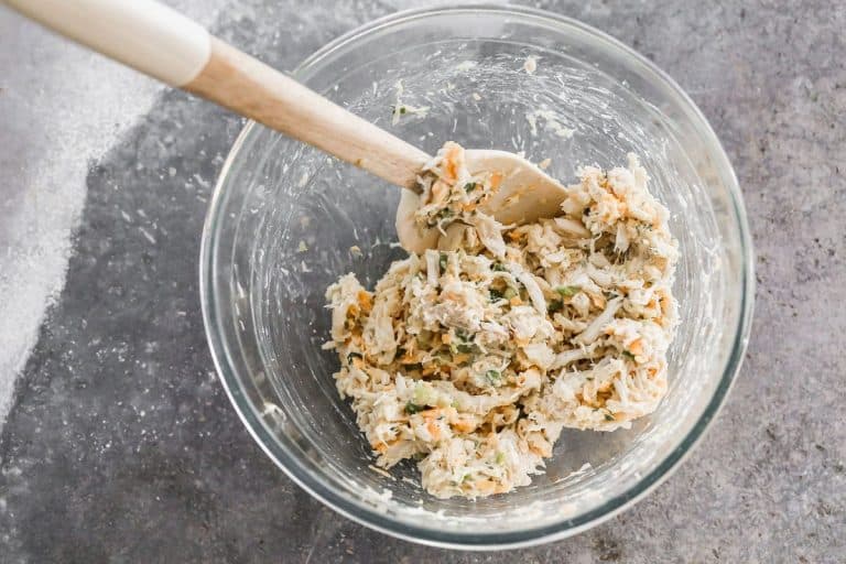Cheesy crab filling in a mixing bowl
