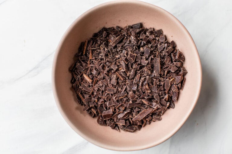 chopped dark chocolate in a bowl