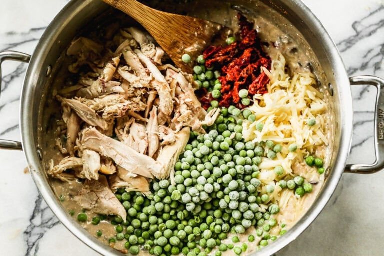 Ingredients for turkey tetrazzini in a pot