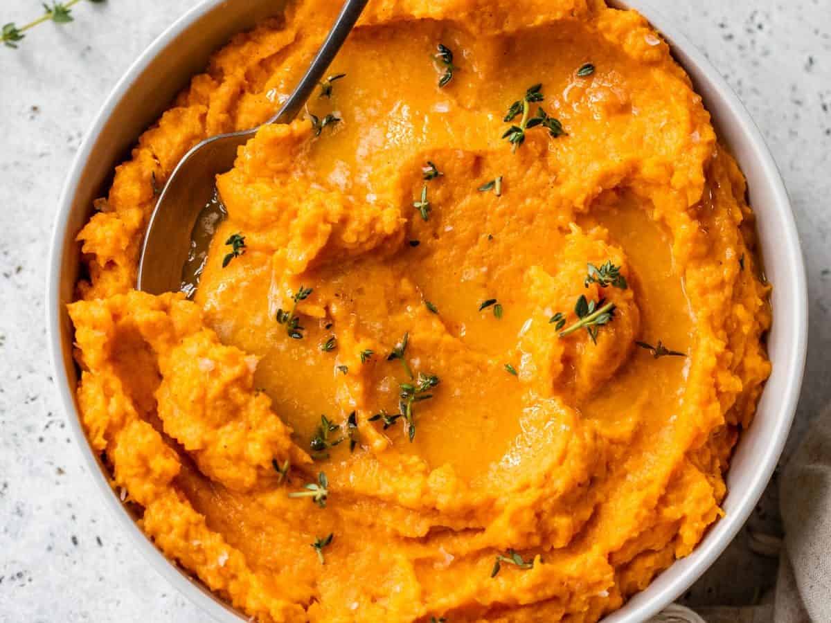 Easy mashed sweet potatoes in a bowl
