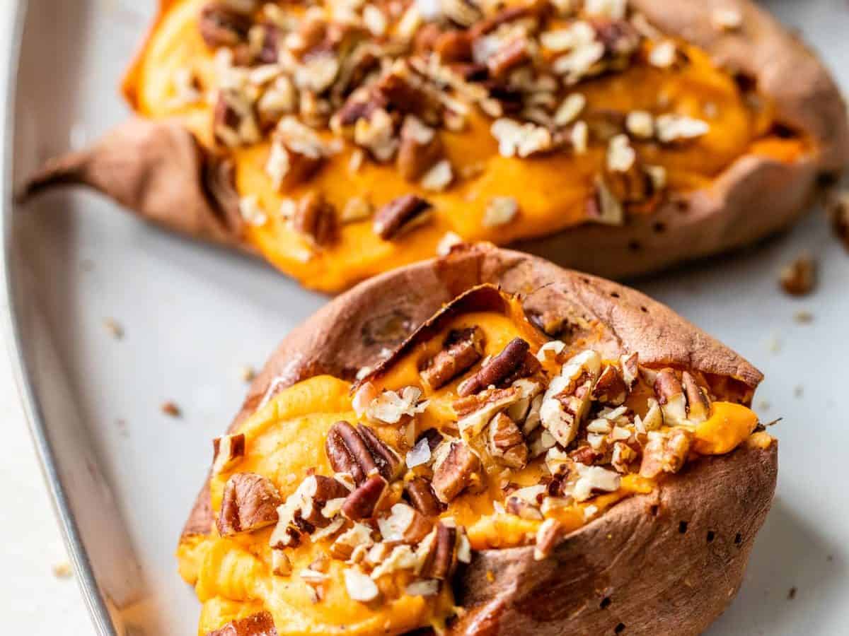 Three twice baked sweet potatoes with pecans