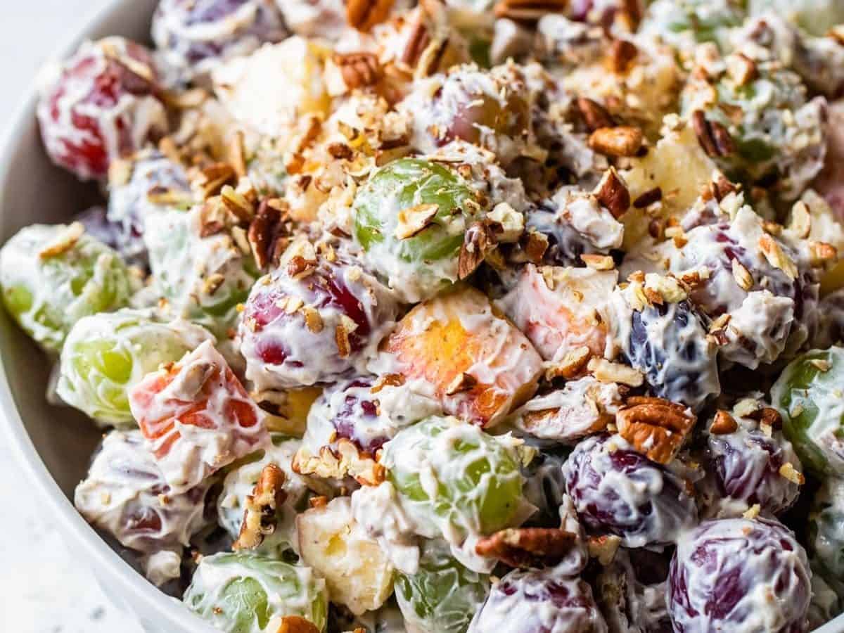 A white bowl with healthy grape salad