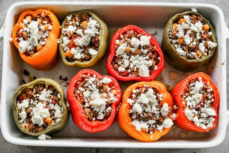 Easy Greek stuffed peppers in a baking dish