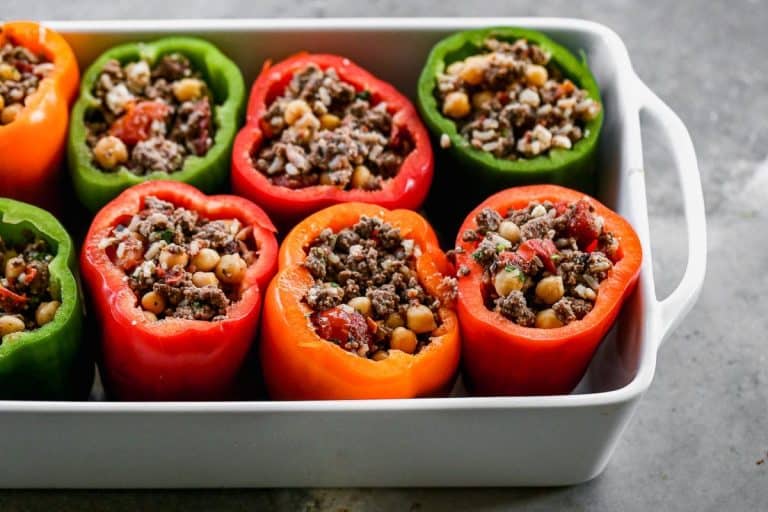 Stuffed peppers with chickpeas, meat, and cheese