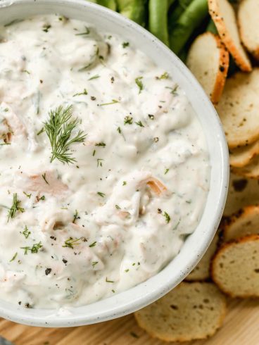 A white bowl with healthy smoked salmon dip